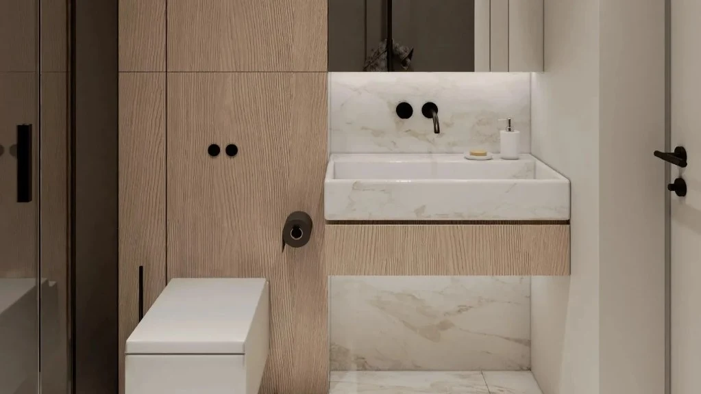 Modern Minimalist, Warm and Textured Home Space bathroom