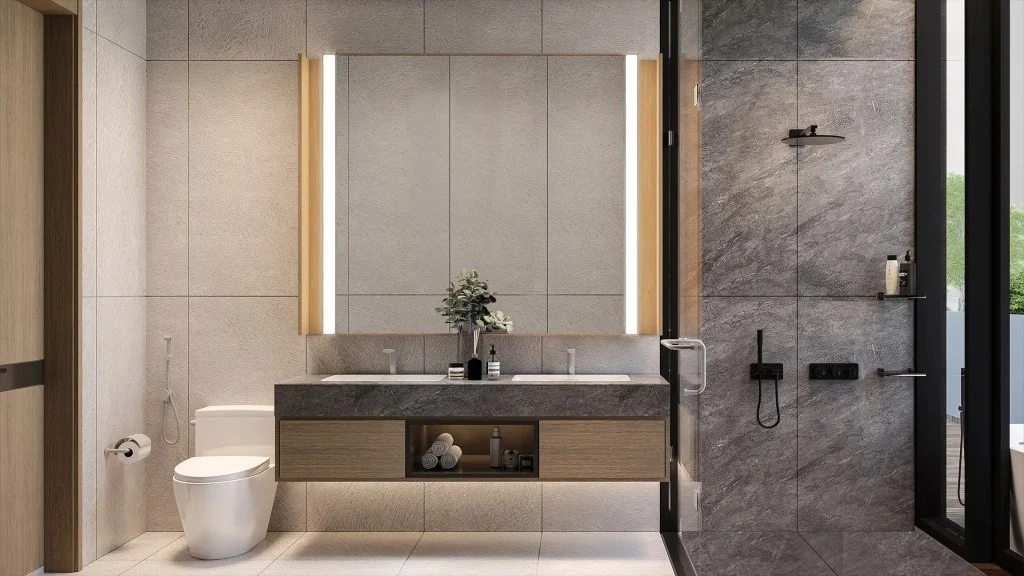 Tropical Modern Oasis: Natural Wood and Serene, Nature-Inspired Design bathroom
