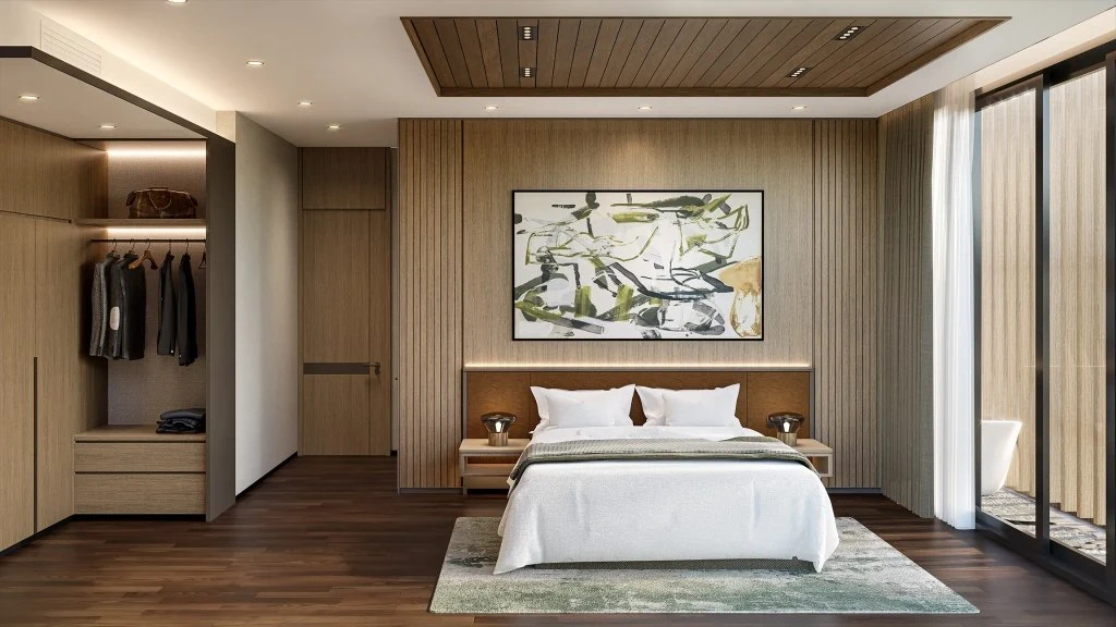 Tropical Modern Oasis: Natural Wood and Serene, Nature-Inspired Design bedroom
