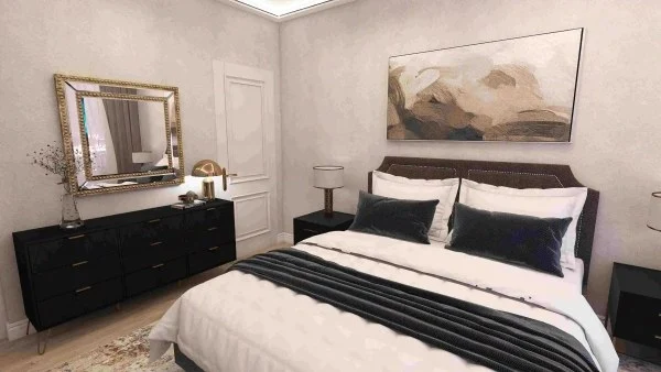 Chic Serenity: A Small Bedroom with Black and Gold Elegance