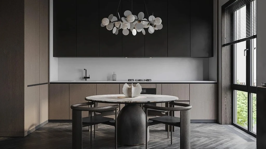 Dark Wood Cabinetry, Grey Sofa(DRMSXD0081RT)-Living room