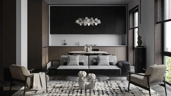Dark Wood Cabinetry, Grey Sofa(DRMSXD0081RT)-Living room