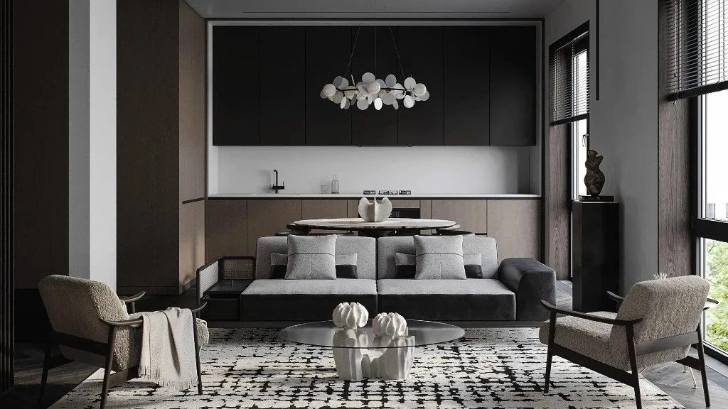 Dark Wood Cabinetry, Grey Sofa(DRMSXD0081RT)-Living room