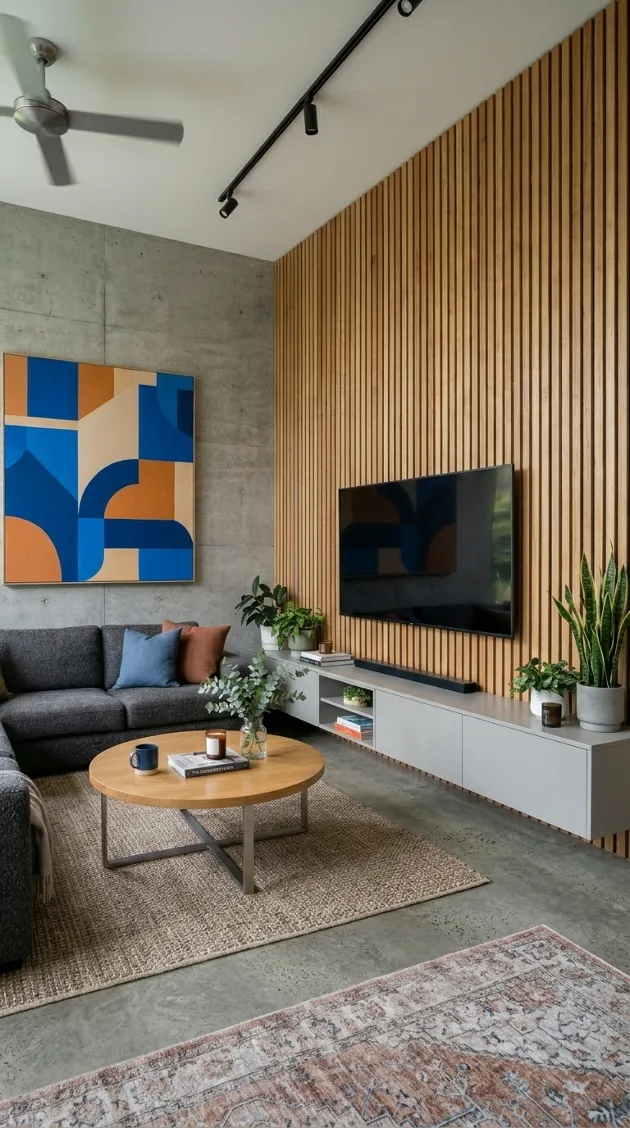 Three views of one seamless modern living room layout combin