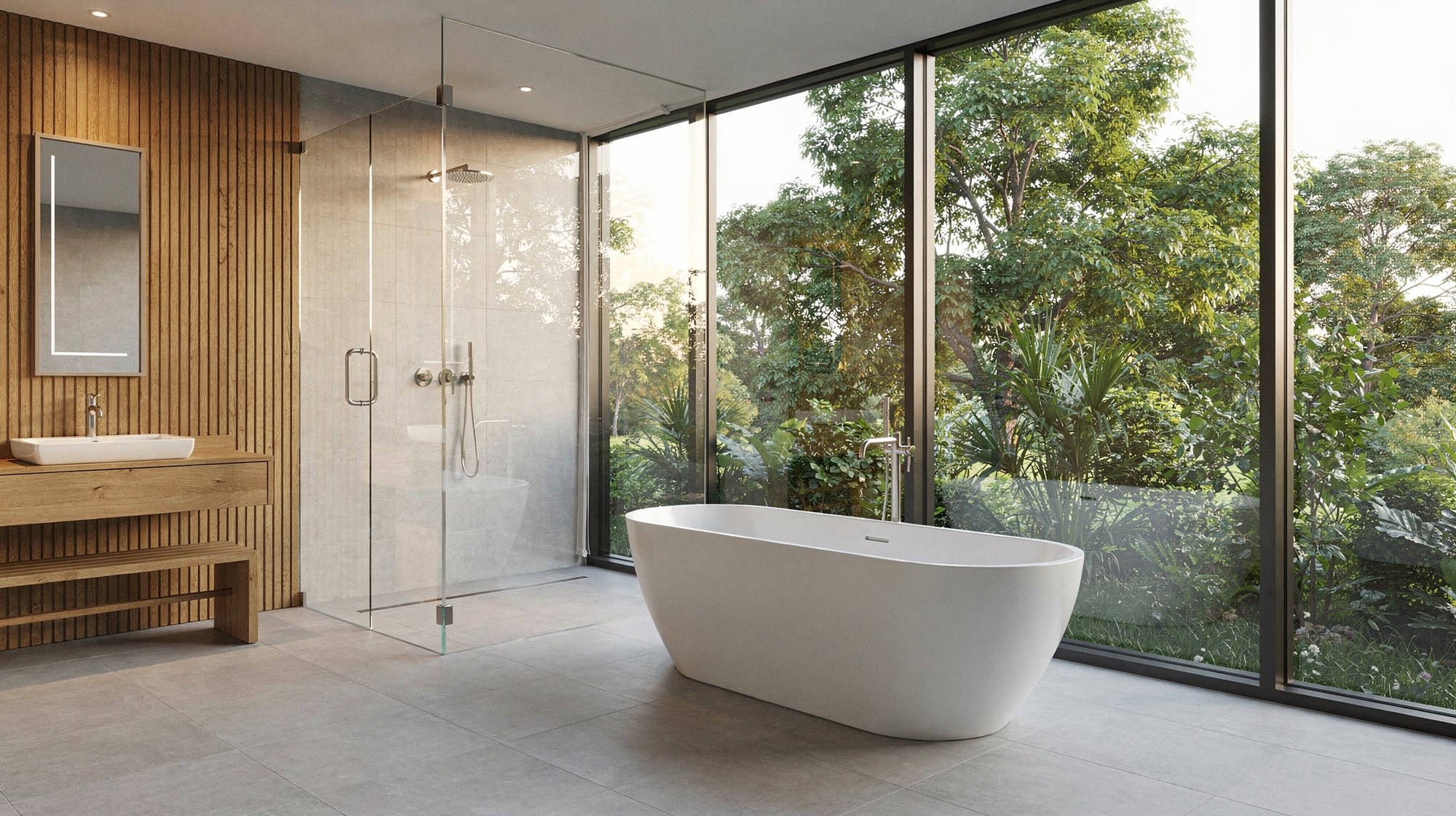Modern master bathroom remodel with timeless organic design, natural light, and wood vanity.