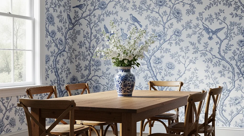 Chinoiserie design dining room with hand-painted blue-and-white wallpaper