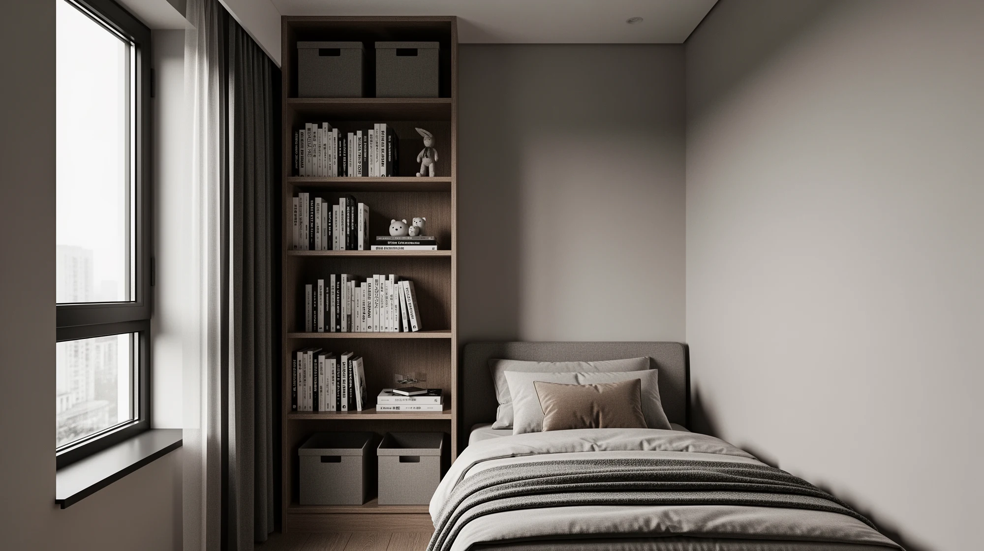 Tall narrow floor-to-ceiling shelving maximizing small bedroom storage