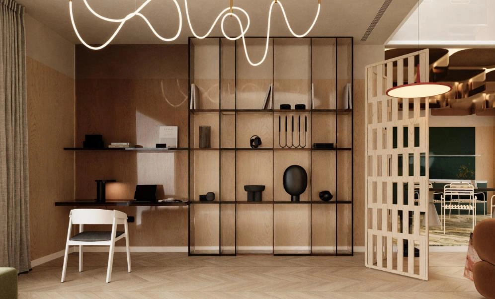 boho style home office images with wooden boards and open layout full of creativity