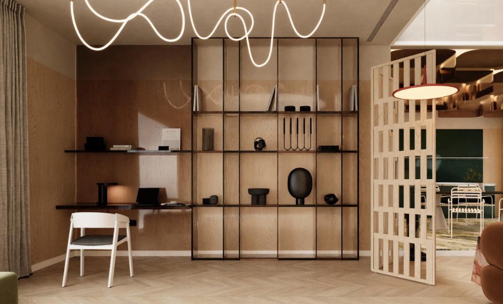 boho style home office images with wooden boards and open layout full of creativity