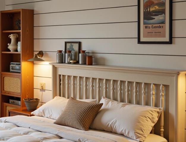 Small bedroom with an elegant off-white Roman column headboard and decorative metal accents, creating a refined and feminine look.