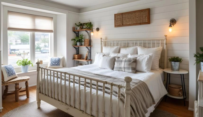American-style bedroom idea for women featuring a distressed white iron bed, rustic wainscoting, and warm lighting.