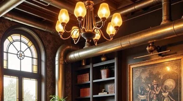 Vintage chandelier with yellow glass shades adds retro charm to the small living room.