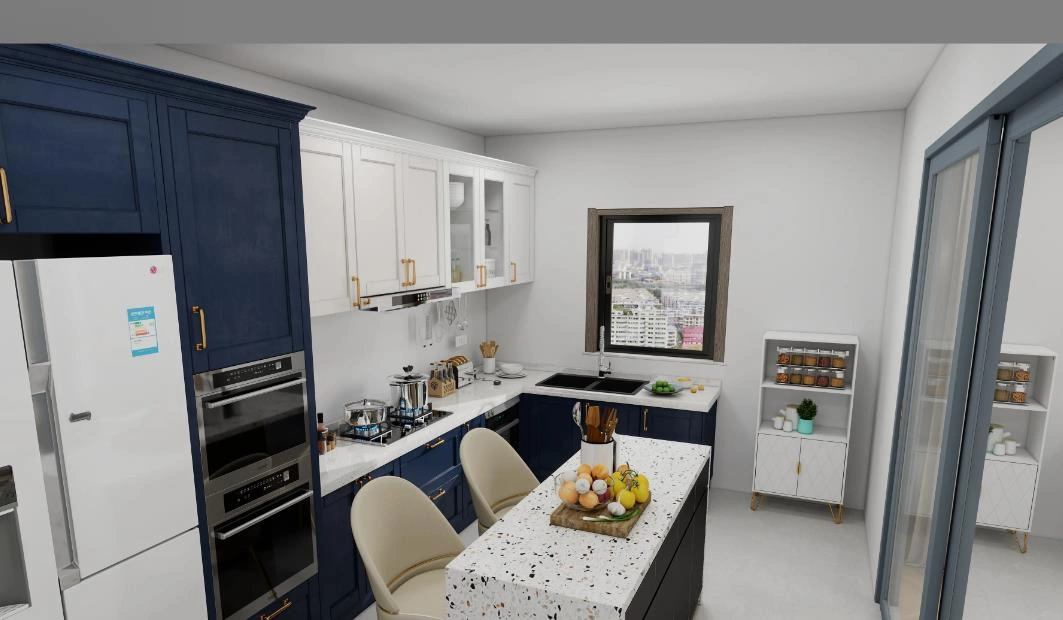Tiny kitchen with layered blue and white cabinets, integrated appliances, and a multifunctional island.