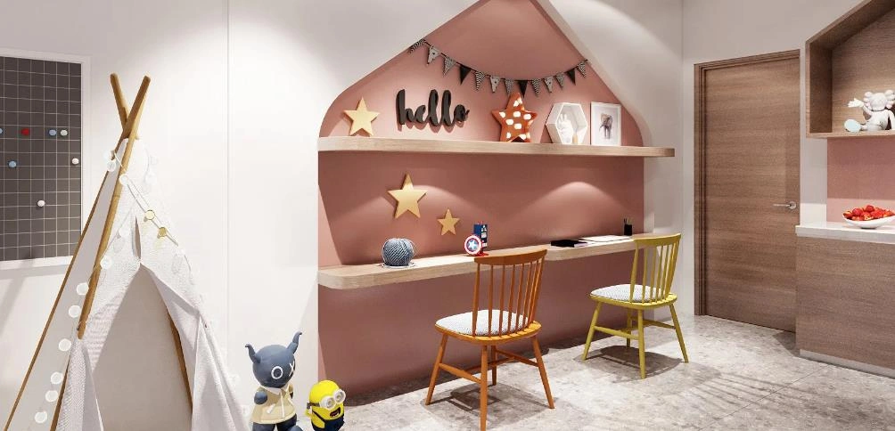 Pink and white two-tone accent wall in kid's bedroom.