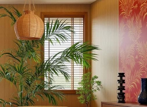 Light brown wooden Venetian blinds enhance the warm, tropical feel of the living room.
