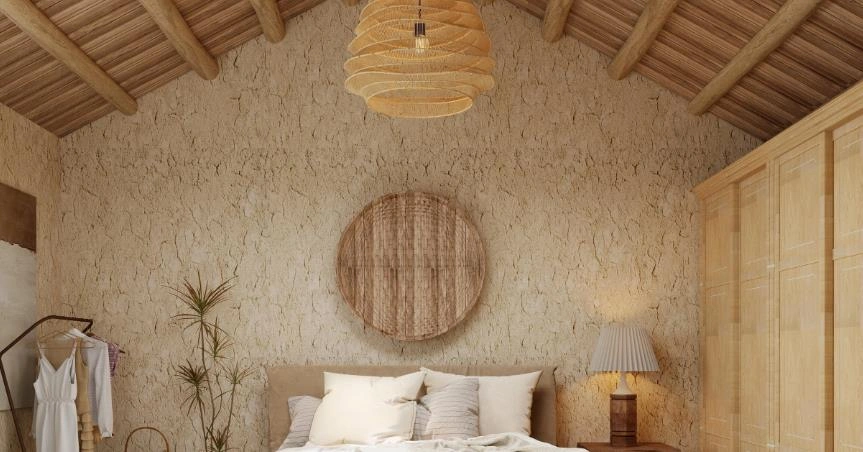 Wooden arched ceiling adds warmth and natural texture to bedroom.