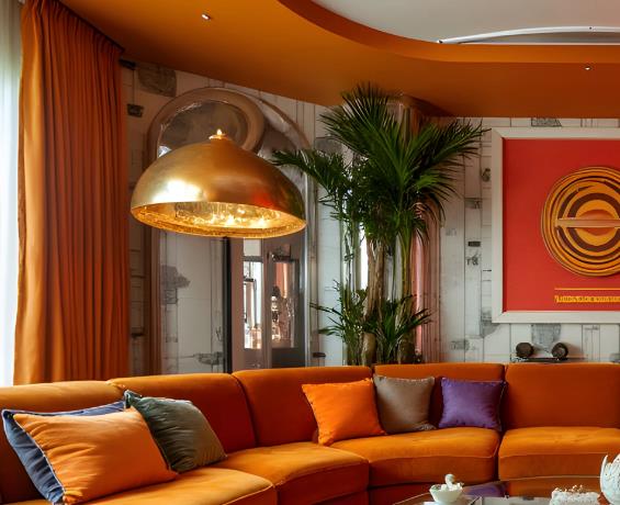 Bold orange curtains create a funky and colorful atmosphere in the family living room.