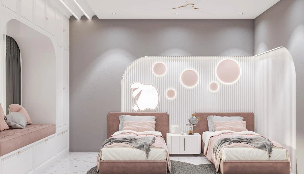 Double children&rsquo;s bedroom with two beds and storage.