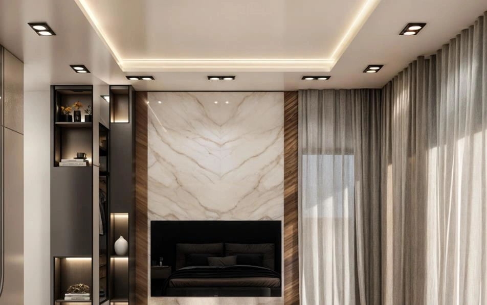 Wooden arched ceiling adds warmth and natural texture to bedroom.