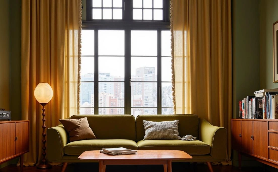 Bright yellow floor-length curtains with tassels add vibrancy to the chic bedroom.