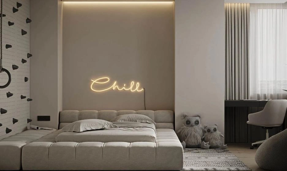 Gray-themed bedroom for women featuring gray bedding, light walls, and warm neon accents.