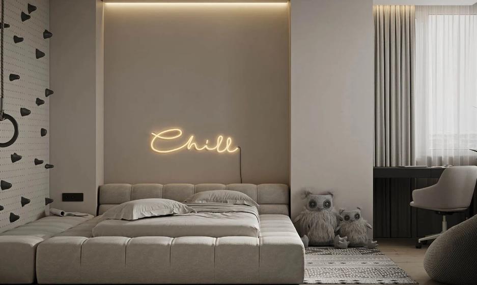 Gray-themed bedroom for women featuring gray bedding, light walls, and warm neon accents.