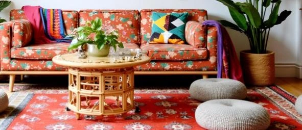 Plush red ethnic-pattern rug adds warmth and texture to the small Bohemian living room.