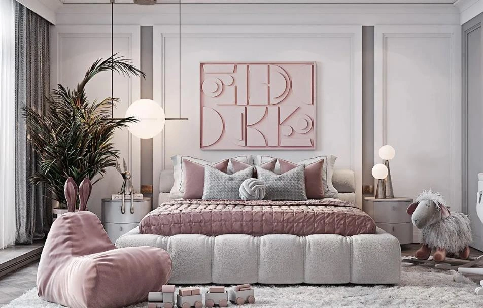 Pink women&rsquo;s bedroom with 3D wall art, playful seating, and soft pink bedding.