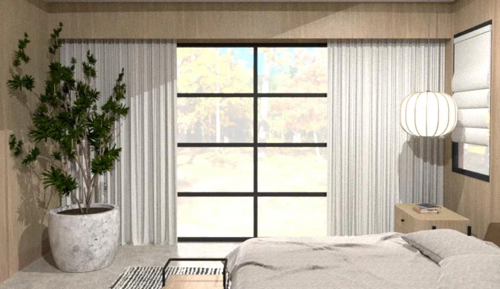 Tiny bedroom with a large floor-to-ceiling window bringing in natural light and views of greenery.