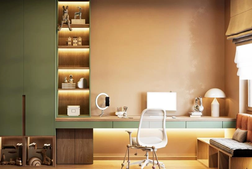 Wall-mounted floating desk in a small bedroom.