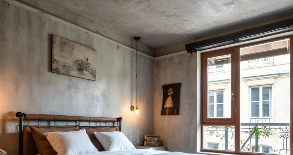 Industrial cement ceiling with modern minimalist bedroom style.