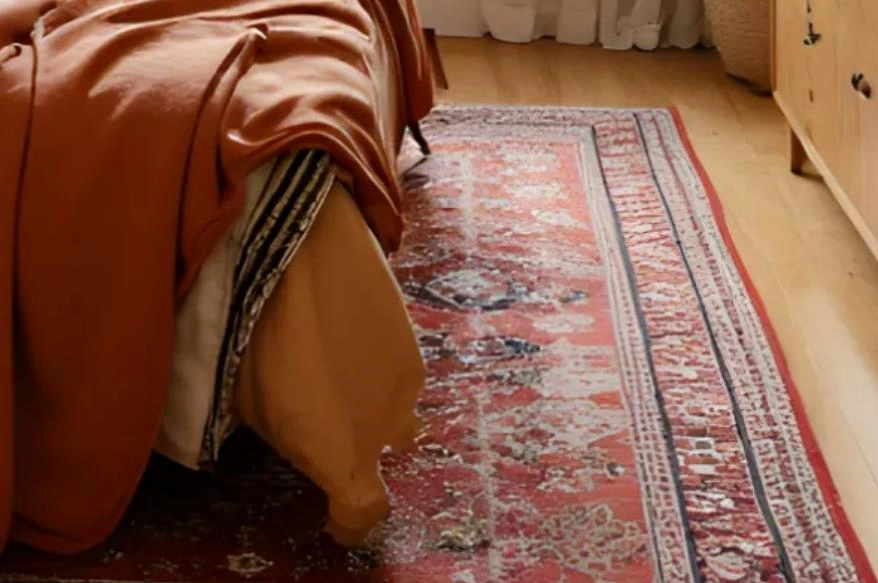 Small bedroom with a red vintage patterned rug placed at the bedside to enrich the space with warmth and style.