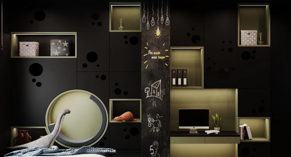 Black space-themed wallpaper in a teen bedroom.