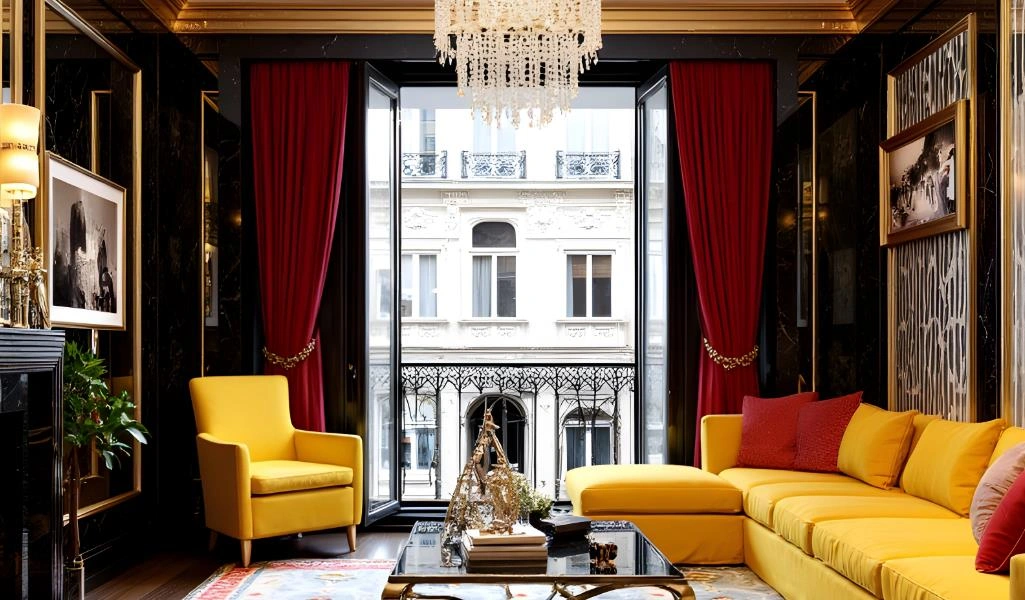 Luxurious burgundy velvet curtains with gold details enhance the palace-style interior.