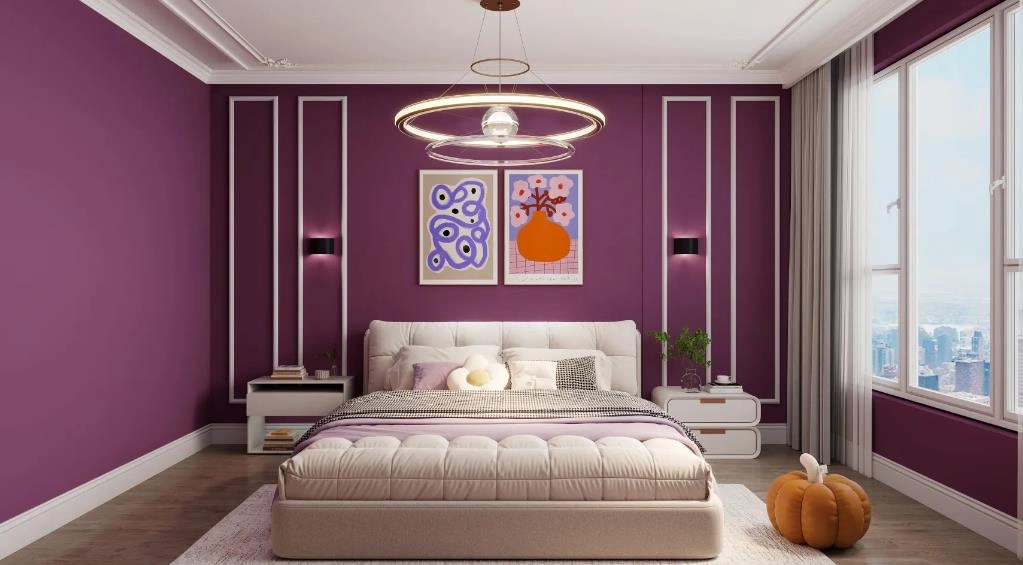 Small bedroom featuring rich purple painted walls and matching artwork that create a romantic feminine atmosphere.