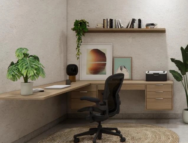 modern home office images with desk placed neatly at wall corner in wooden tones