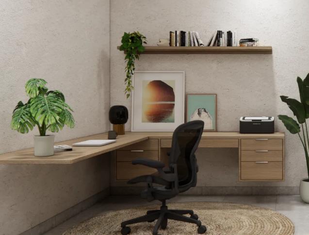 modern home office images with desk placed neatly at wall corner in wooden tones