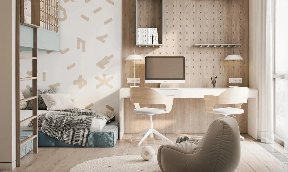 Small-space women&rsquo;s bedroom with a two-level layout and built-in work desk.