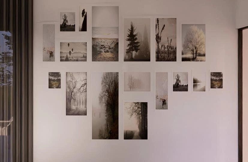 Dense arrangement of unframed nature photos adds personality to the small living room.