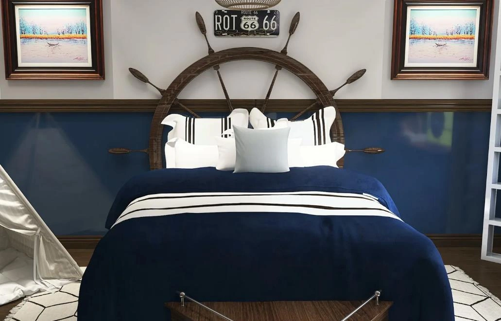 Navy-style kids&rsquo; bedroom with blue and white bedding.
