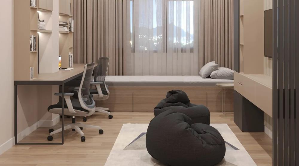 small home office images combining desk sofa and bed in a multifunctional layout
