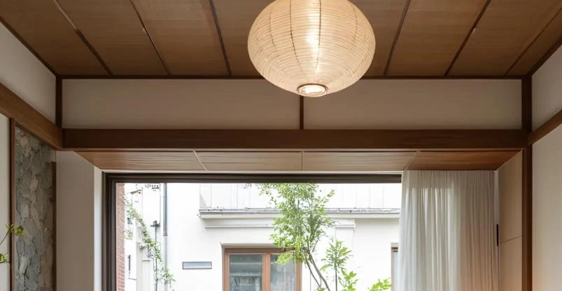Japanese-style wooden ceiling brings calm and Zen-inspired elegance.