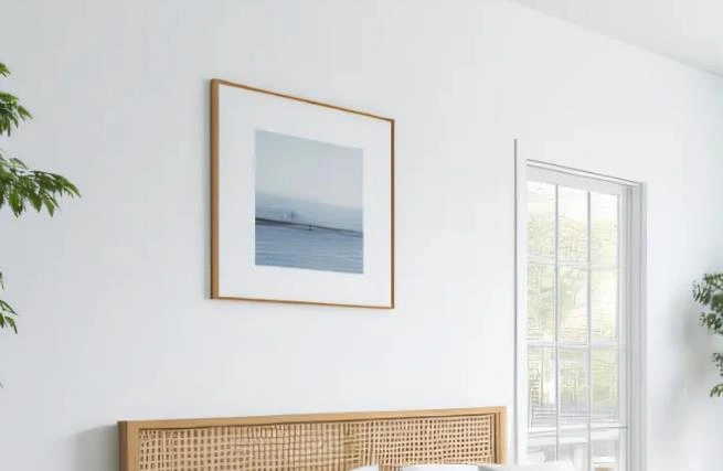 Tiny bedroom with a blue seascape artwork on a white wall, paired with wood elements for a fresh look.