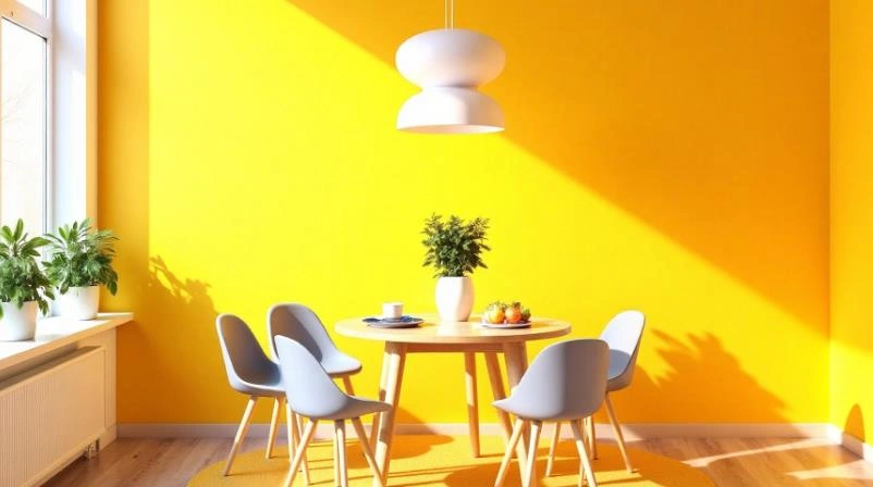 Bright yellow walls paired with greenery create a cheerful look in the small living room.