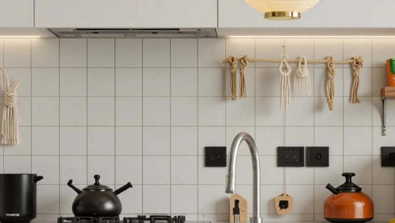 Tiny kitchen design using clean white ceramic wall tiles paired with white cabinets and a black switch panel.
