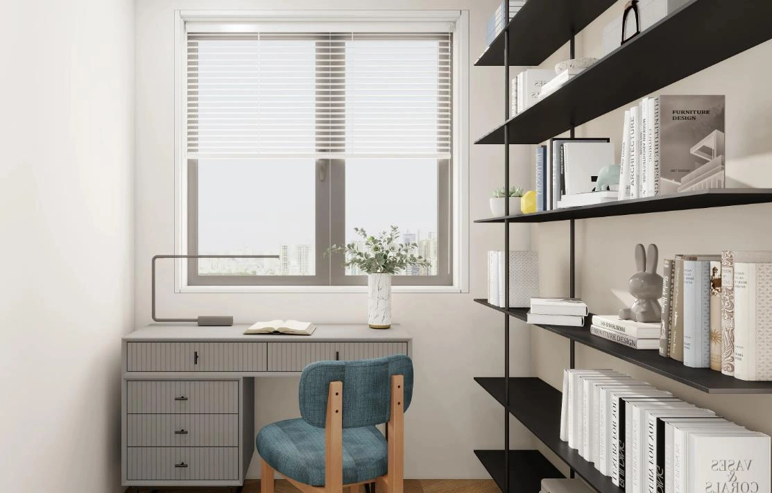 home office images with metal bookshelf and cozy workspace designed for writers