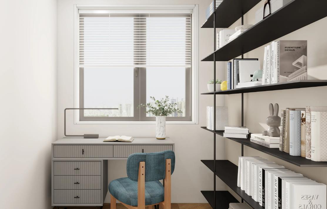 home office images with metal bookshelf and cozy workspace designed for writers