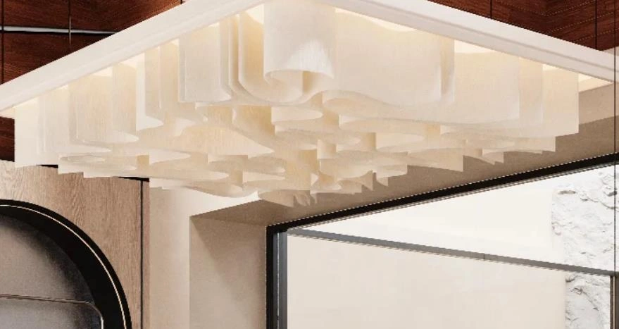 Small bedroom featuring a layered white pleated pendant lamp that acts as an artistic centerpiece.