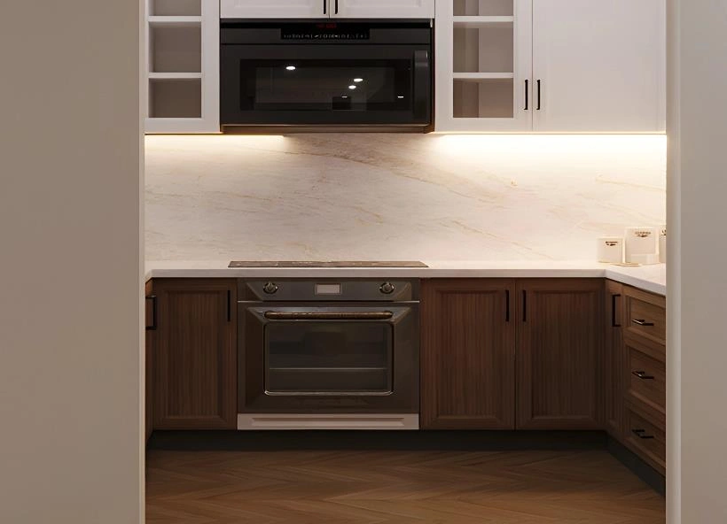 Tiny kitchen with dark wood cabinets, white walls, and a built-in stainless-steel oven.