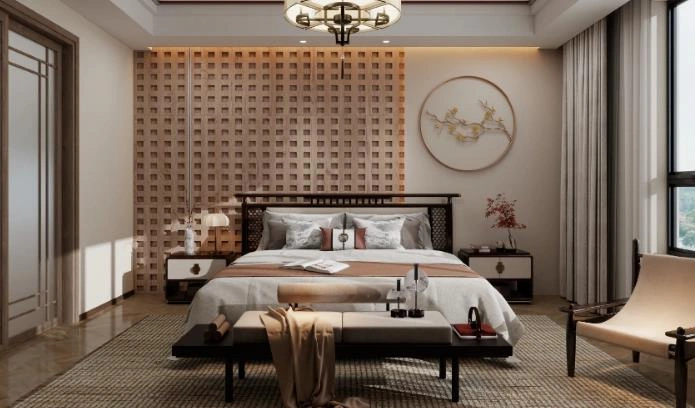 Neo-Chinese women&rsquo;s bedroom with wooden lattice wall, plum blossom artwork, and refined wooden furniture.
